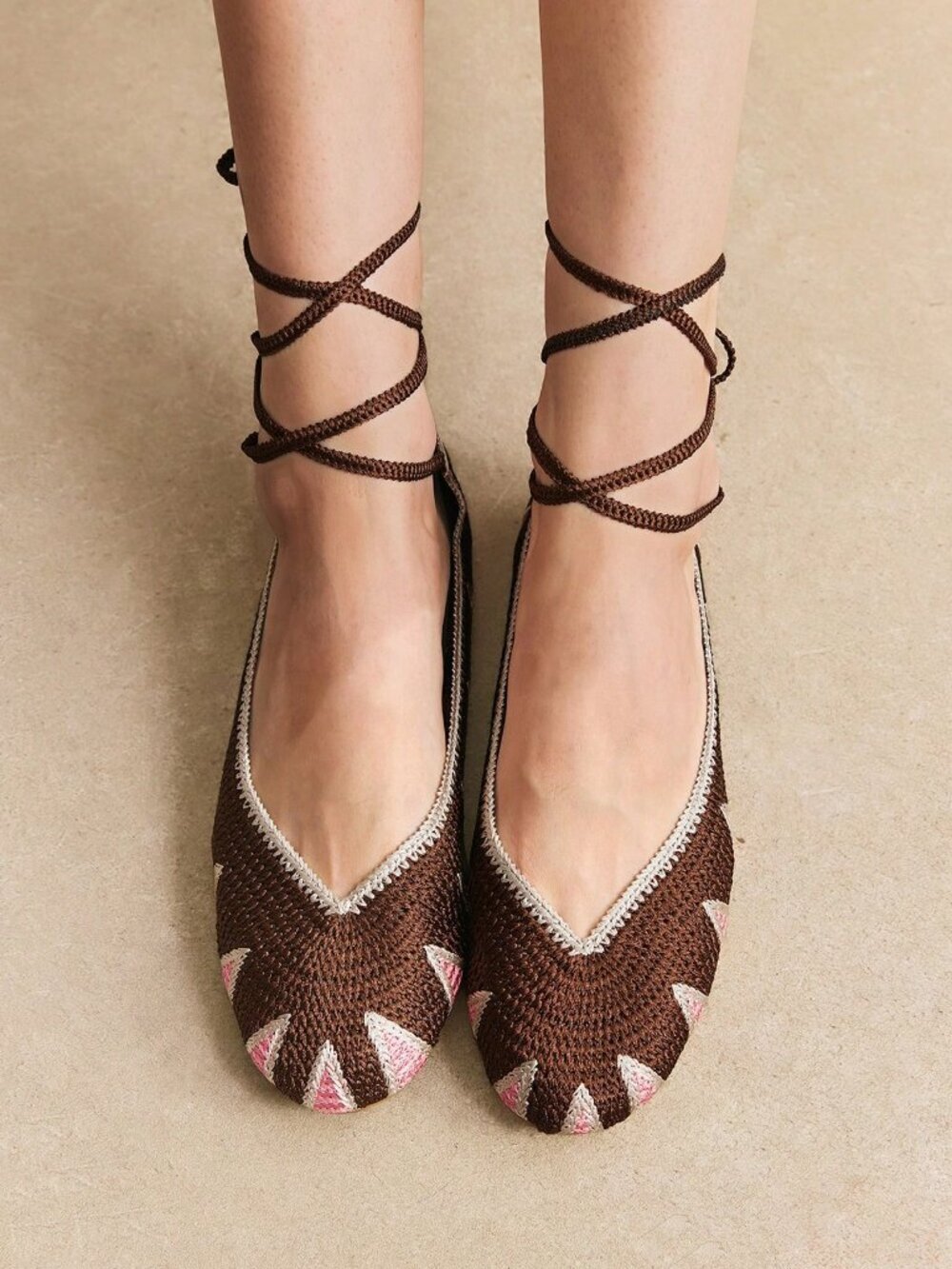 Brown Casual Women's Crochet Effect Ankle Strap Flat Round Toe Shoes